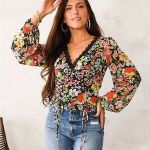 Vibrant Floral V-Neck Blouse with Lace Detail